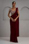 Buy_Maisolos_Maroon Net, Georgette Embroidery Sweetheart Neck, Blouse With Pre-stitched Saree _at_Aza_Fashions