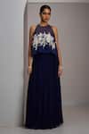 Buy_Maisolos_Navy Net, Georgette Embroidery Halter Neck Crop Top With Skirt _Online_at_Aza_Fashions