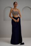 Maisolos_Navy Georgette, Net Embroidery, Beads, Hand Blouse With Pre-draped Saree _Online_at_Aza_Fashions