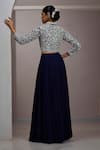 Shop_Maisolos_Navy Silk, Georgette Embroidery V-neck Cropped Jacket With Gathered Skirt _at_Aza_Fashions