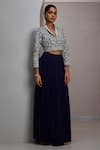 Buy_Maisolos_Navy Silk, Georgette Embroidery V-neck Cropped Jacket With Gathered Skirt _at_Aza_Fashions
