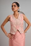 Shop_Maisolos_Pink Silk Mirrors, Embroidery V-neck And Thread Jacket With Skirt _Online_at_Aza_Fashions