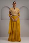 Buy_Maisolos_Mustard Silk, Georgette Embroidery, Sequins Mandarin Hand Blouse Skirt Set _at_Aza_Fashions