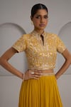 Shop_Maisolos_Mustard Silk, Georgette Embroidery, Sequins Mandarin Hand Blouse Skirt Set _Online_at_Aza_Fashions