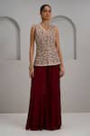 Buy_Maisolos_Maroon Silk, Georgette Embroidery, Sequins V-neck Hand Jacket And Sharara Set _at_Aza_Fashions