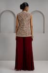 Shop_Maisolos_Maroon Silk, Georgette Embroidery, Sequins V-neck Hand Jacket And Sharara Set _at_Aza_Fashions