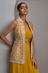 Shop_Maisolos_Mustard Silk, Georgette Mirrors, Embroidery Mandarin Hand Jacket Sharara Set _Online_at_Aza_Fashions