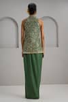 Shop_Maisolos_Green Silk, Crepe Mirrors, Embroidery High And Thread Jacket With Draped Skirt _at_Aza_Fashions