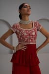 Maisolos_Red Georgette, Silk Embroidery, Sequins, Beads Peplum Kurta With Flared Pant _Online_at_Aza_Fashions