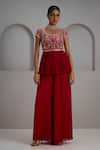 Buy_Maisolos_Red Georgette, Silk Embroidery, Sequins, Beads Peplum Kurta With Flared Pant _at_Aza_Fashions