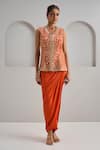 Buy_Maisolos_Orange Silk, Crepe Mirrors, Embroidery V-neck Hand Jacket With Draped Skirt _at_Aza_Fashions