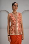 Shop_Maisolos_Orange Silk, Crepe Mirrors, Embroidery V-neck Hand Jacket With Draped Skirt _Online_at_Aza_Fashions