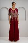 Buy_Maisolos_Maroon Georgette Embroidery, Mirrors, Sequins V-neck And Thread Hand Jumpsuit _at_Aza_Fashions