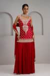 Buy_Maisolos_Red Silk, Georgette Embroidery, Zari Round Neck Hand Kurta Sharara Set _at_Aza_Fashions