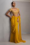 Maisolos_Mustard Georgette, Silk Embroidery, Sequins, Hand Blouse With Pre-draped Saree _Online_at_Aza_Fashions