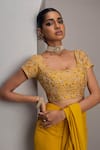 Shop_Maisolos_Mustard Georgette, Silk Embroidery, Sequins, Hand Blouse With Pre-draped Saree _Online_at_Aza_Fashions