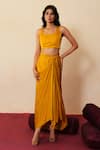 ISHA GUPTA TAYAL_Yellow Satin, Organza Embroidery, Zari, Cut Kanakpriya Top Draped Skirt Set _at_Aza_Fashions