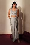 ISHA GUPTA TAYAL_Gray Satin, Organza Embroidery, Cut Work, Metallic Aiyana Top Draped Skirt Set _Online_at_Aza_Fashions