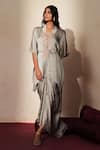 Buy_ISHA GUPTA TAYAL_Gray Satin, Organza Embroidery, Cut Work, Metallic Aiyana Top Draped Skirt Set _Online_at_Aza_Fashions