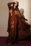 ISHA GUPTA TAYAL_Brown Organza Embroidery, Stones, Cut Work Open Neck, Ruhani Jacket Pant Set _Online_at_Aza_Fashions