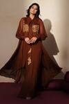 Buy_ISHA GUPTA TAYAL_Brown Organza Embroidery, Stones, Cut Work Open Neck, Ruhani Jacket Pant Set _at_Aza_Fashions