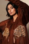 Shop_ISHA GUPTA TAYAL_Brown Organza Embroidery, Stones, Cut Work Open Neck, Ruhani Jacket Pant Set _Online_at_Aza_Fashions