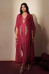Buy_ISHA GUPTA TAYAL_Purple Silk Embroidery, Beads, Tassels V-neck, Open Ratnika Cape And Kurta Set _at_Aza_Fashions