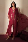 ISHA GUPTA TAYAL_Purple Silk Embroidery, Beads, Tassels V-neck, Open Ratnika Cape And Kurta Set _Online_at_Aza_Fashions