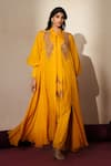 ISHA GUPTA TAYAL_Yellow Silk Collared, Bandeau Neck Roshni Embroidered Cape Pant Set _Online_at_Aza_Fashions
