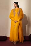 Buy_ISHA GUPTA TAYAL_Yellow Silk Collared, Bandeau Neck Roshni Embroidered Cape Pant Set _Online_at_Aza_Fashions