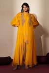 Buy_ISHA GUPTA TAYAL_Yellow Silk Collared, Bandeau Neck Roshni Embroidered Cape Pant Set _at_Aza_Fashions