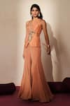 ISHA GUPTA TAYAL_Peach Silk Embroidery, Stones, Morchakra Emroidered Waistcoat And Sharara Set _Online_at_Aza_Fashions