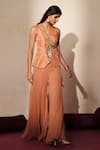 Buy_ISHA GUPTA TAYAL_Peach Silk Embroidery, Stones, Morchakra Emroidered Waistcoat And Sharara Set _Online_at_Aza_Fashions