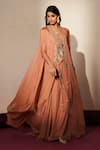 ISHA GUPTA TAYAL_Peach Silk Embroidery, Stones, Patchwork V-neck, Open Morni Cape Sharara Set _Online_at_Aza_Fashions