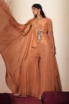 Buy_ISHA GUPTA TAYAL_Peach Silk Embroidery, Stones, Patchwork V-neck, Open Morni Cape Sharara Set _Online_at_Aza_Fashions