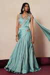 ISHA GUPTA TAYAL_Blue Satin, Net Cut Work, Rasika Pre-draped Concept Saree With Blouse _Online_at_Aza_Fashions