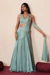 Buy_ISHA GUPTA TAYAL_Blue Satin, Net Cut Work, Rasika Pre-draped Concept Saree With Blouse _at_Aza_Fashions
