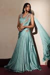 Buy_ISHA GUPTA TAYAL_Blue Satin, Net Cut Work, Rasika Pre-draped Concept Saree With Blouse _Online_at_Aza_Fashions