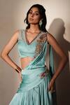 Shop_ISHA GUPTA TAYAL_Blue Satin, Net Cut Work, Rasika Pre-draped Concept Saree With Blouse _Online_at_Aza_Fashions