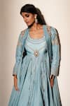 ISHA GUPTA TAYAL_Blue Silk Beads, Stones, Tassels, Patchwork, Kanchan Anarkali With Jacket _at_Aza_Fashions