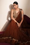 Shop_ISHA GUPTA TAYAL_Brown Silk Embroidery, Patchwork, Cut Work, Zari, Taarika Waistcoat Lehenga Set _Online_at_Aza_Fashions