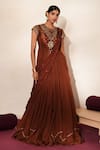 Buy_ISHA GUPTA TAYAL_Brown Silk, Organza Gemstones, Beads Round Mehfil Embroidered Anarkali Skirt Set _at_Aza_Fashions