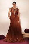 Shop_ISHA GUPTA TAYAL_Brown Silk, Organza Gemstones, Beads Round Mehfil Embroidered Anarkali Skirt Set _Online_at_Aza_Fashions