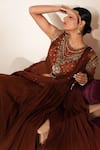 ISHA GUPTA TAYAL_Brown Silk, Organza Gemstones, Beads Round Mehfil Embroidered Anarkali Skirt Set _at_Aza_Fashions
