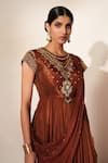 Buy_ISHA GUPTA TAYAL_Brown Silk, Organza Gemstones, Beads Round Mehfil Embroidered Anarkali Skirt Set 
