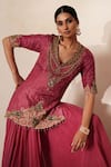 Buy_ISHA GUPTA TAYAL_Pink Silk Embroidery, Mirrors, Metallic Thread Sindoori Kurta Sharara Set _Online_at_Aza_Fashions
