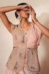 Buy_ISHA GUPTA TAYAL_Pink Silk, Organza Embroidery, Gemstones, Gota Bindiya Jacket And Sharara Set _Online_at_Aza_Fashions
