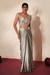Buy_ISHA GUPTA TAYAL_Gray Chiffon, Satin Embroidery, Cut Work, Rajatnoor Pre-draped Saree With Blouse _at_Aza_Fashions