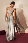 ISHA GUPTA TAYAL_Gray Chiffon, Satin Embroidery, Cut Work, Rajatnoor Pre-draped Saree With Blouse _Online_at_Aza_Fashions