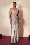 Buy_ISHA GUPTA TAYAL_Gray Chiffon, Satin Embroidery, Cut Work, Rajatnoor Pre-draped Saree With Blouse _Online_at_Aza_Fashions